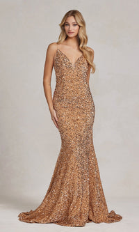 Gold Long Sequin Formal Dress with Sheer Sides