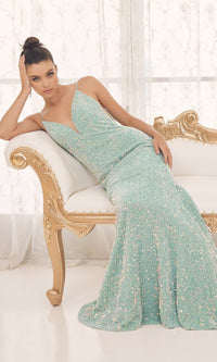 Mint Long Sequin Formal Dress with Sheer Sides
