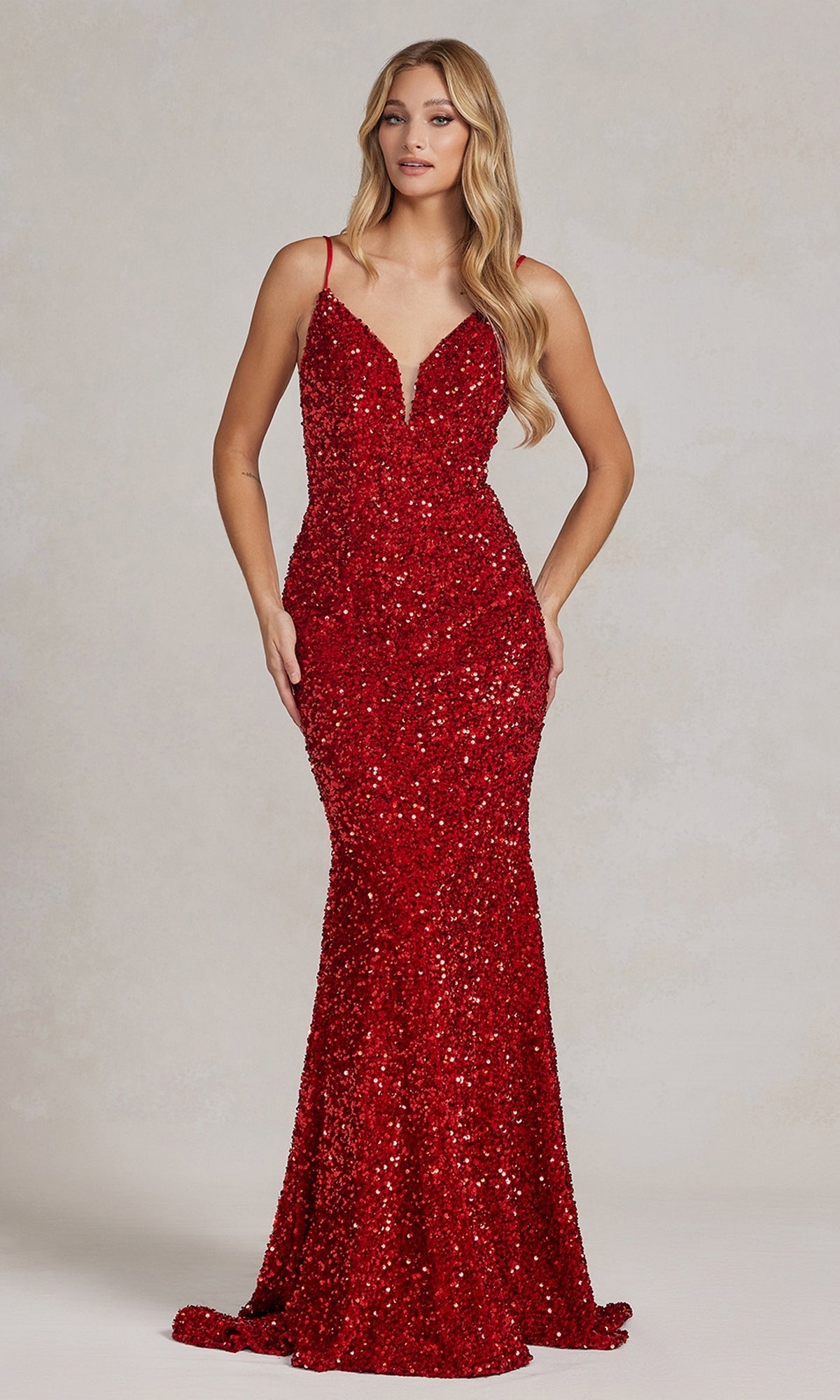 Red Long Sequin Formal Dress with Sheer Sides