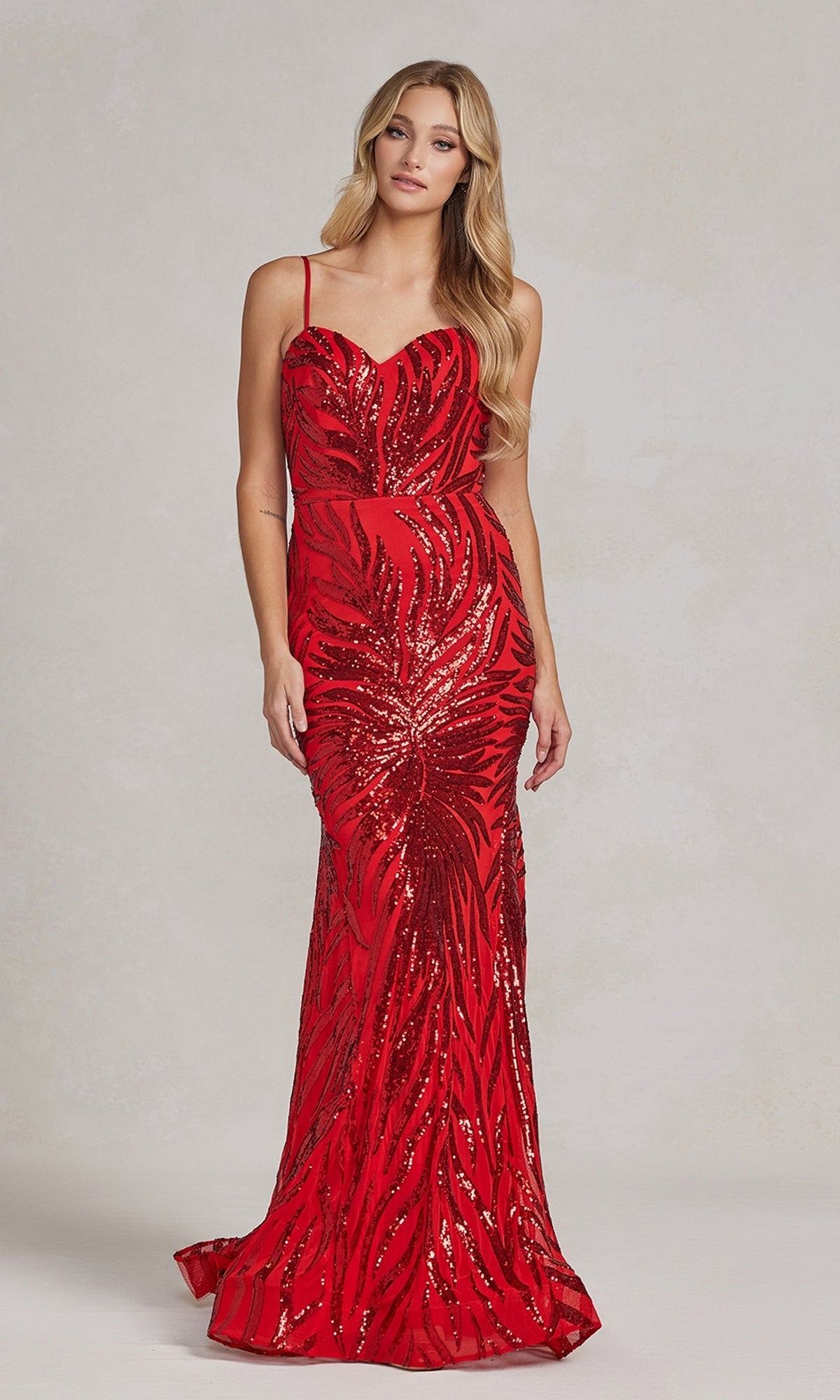 Red Iridescent Sequin-Pattern Long Prom Dress R1072
