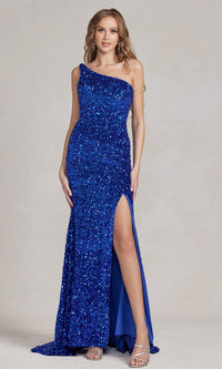 Royal Blue Velvet Sequin One-Shoulder Long Gown R1202