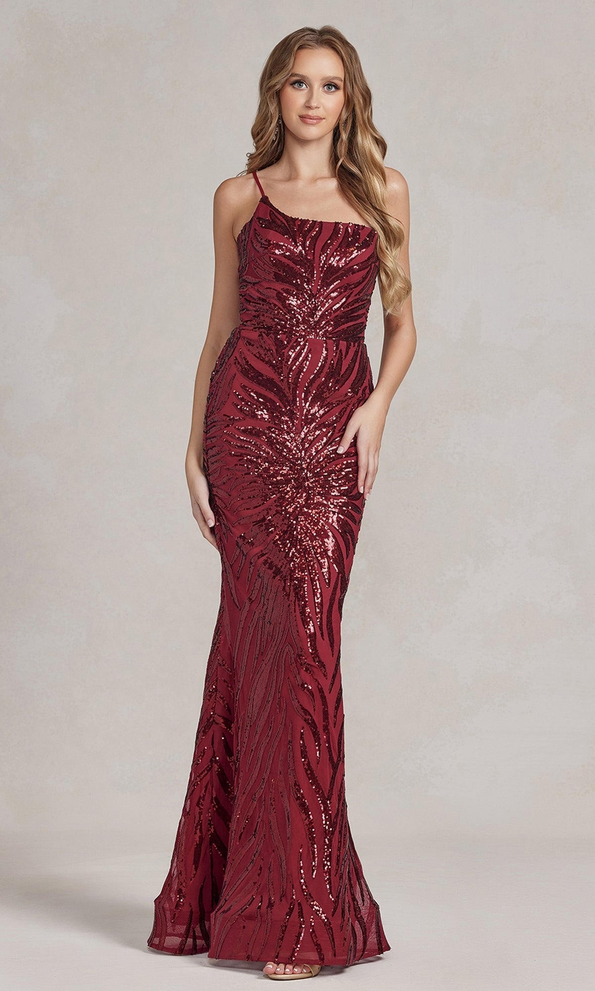 Burgundy One-Shoulder Sequin-Pattern Long Prom Dress