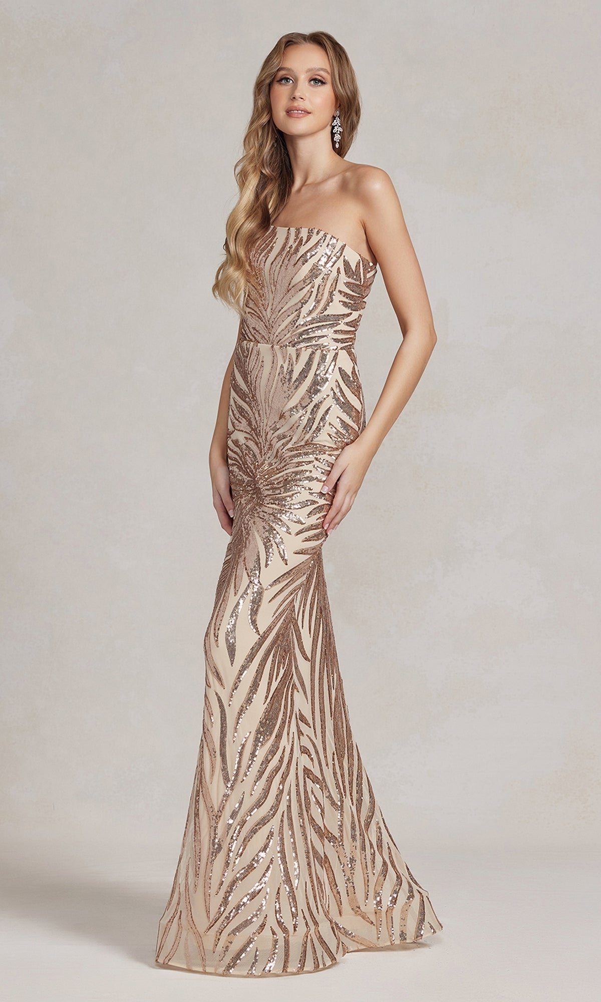 Gold One-Shoulder Sequin-Pattern Long Prom Dress