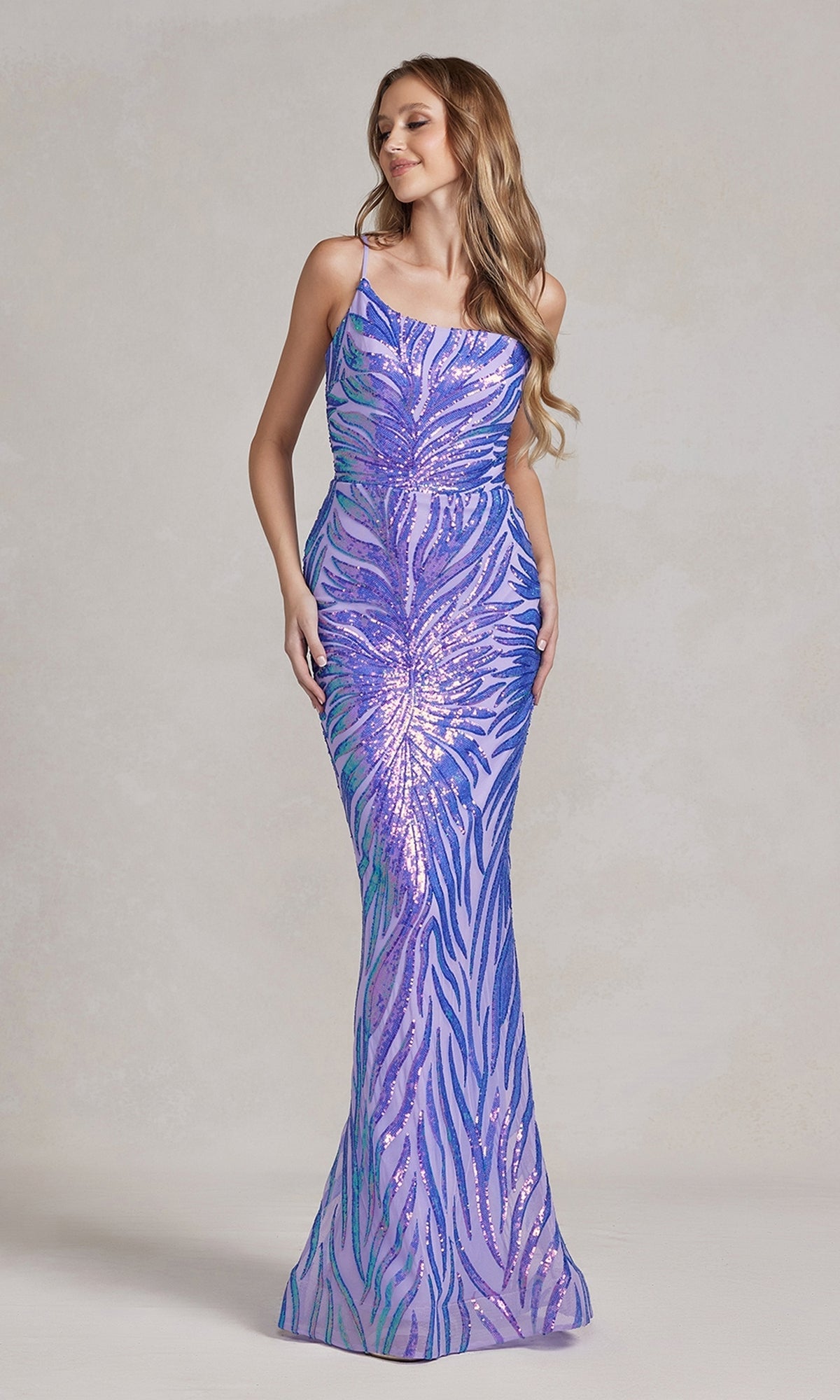 Lilac One-Shoulder Sequin-Pattern Long Prom Dress