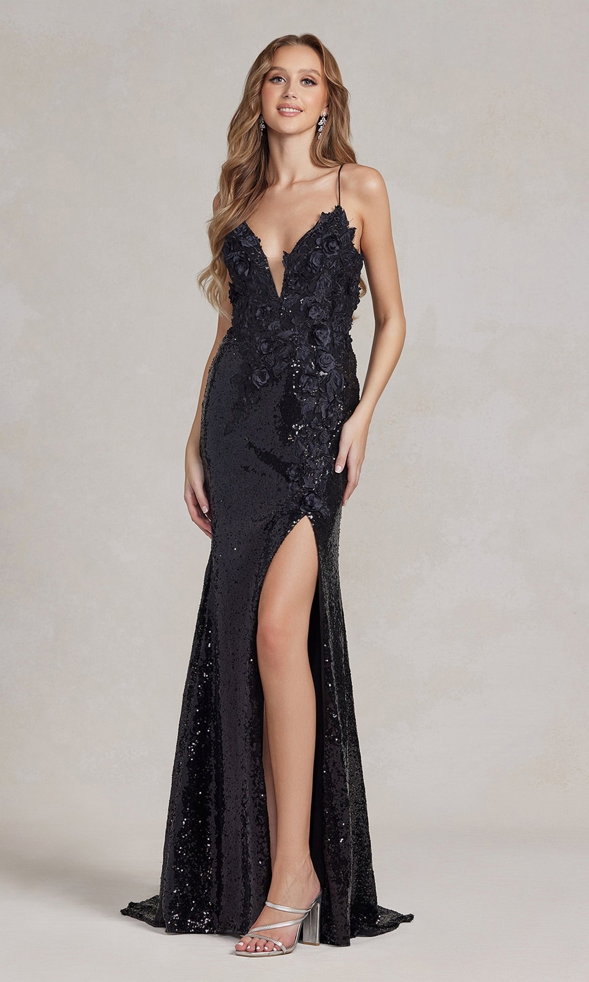 Black Long Sequin Prom Dress with 3D Floral Embroidery