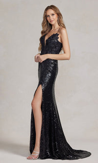  Long Sequin Prom Dress with 3D Floral Embroidery