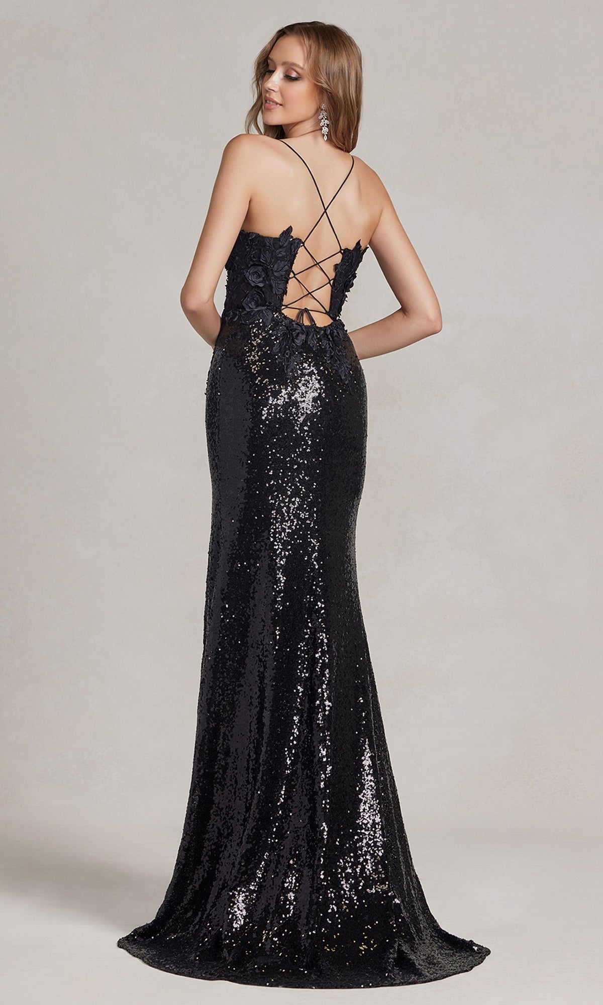  Long Sequin Prom Dress with 3D Floral Embroidery