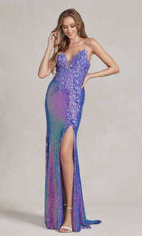 Light Purple Long Sequin Prom Dress with 3D Floral Embroidery