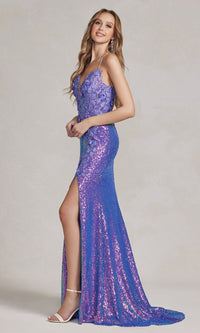  Long Sequin Prom Dress with 3D Floral Embroidery