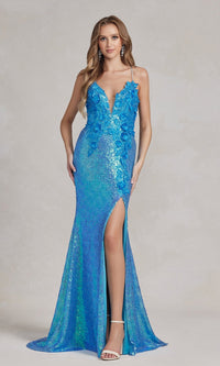 Turquoise Long Sequin Prom Dress with 3D Floral Embroidery