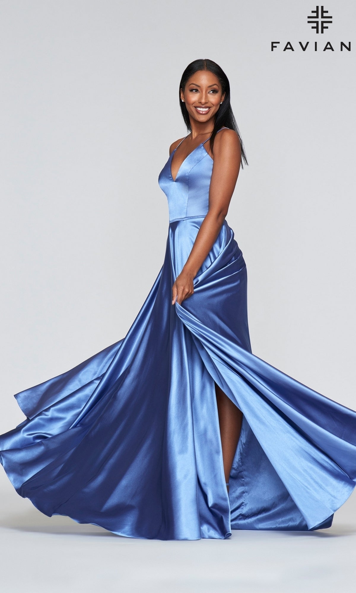 Steel Blue Long A-Line Faviana Formal Prom Dress with Pockets