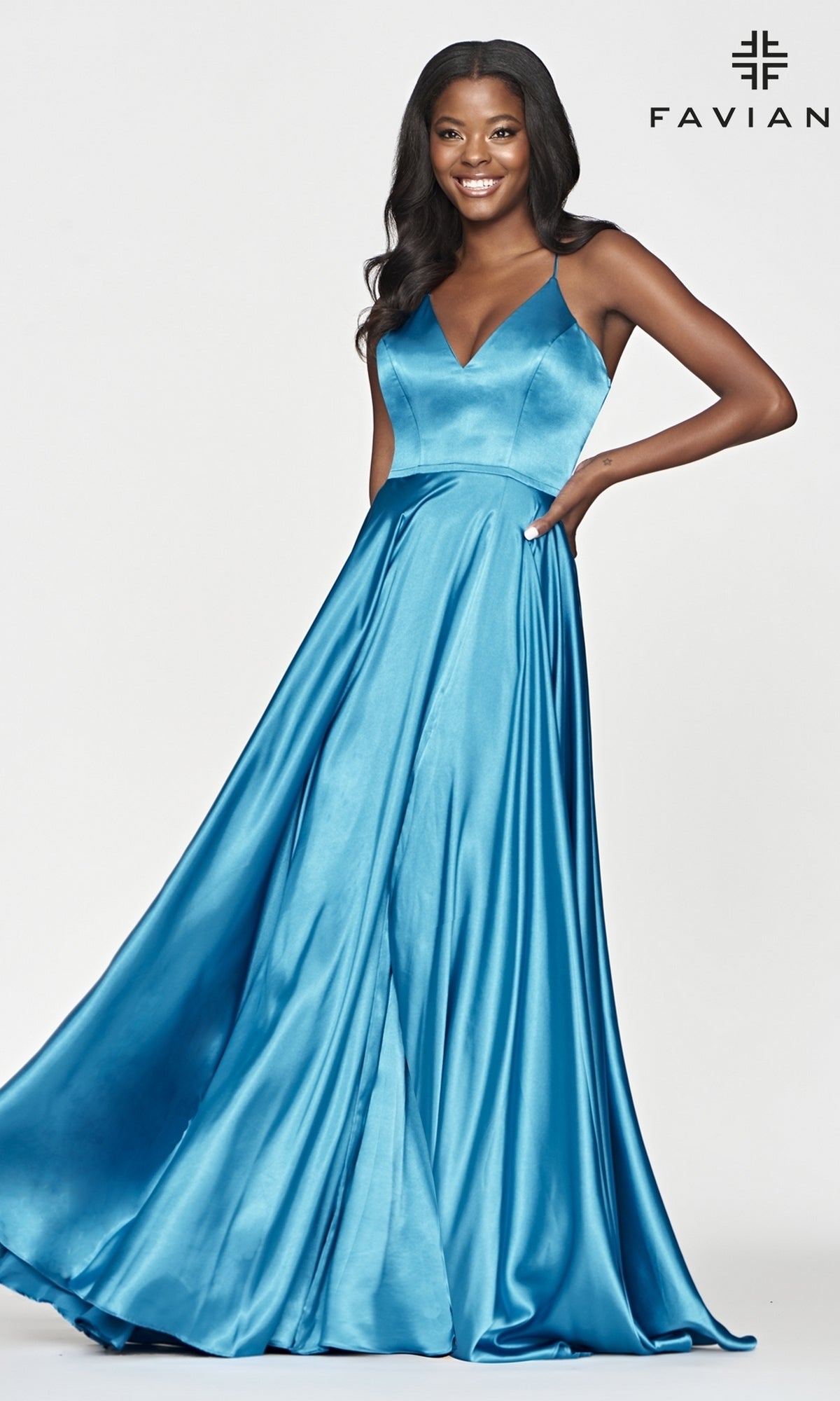 Teal Long A-Line Faviana Formal Prom Dress with Pockets