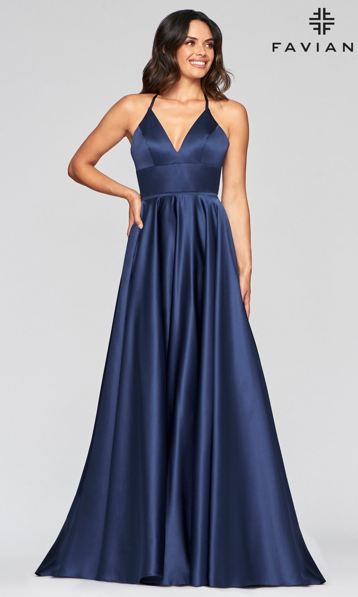 Faviana Long Satin Designer Prom Dress with Pockets Navy / 00 Faviana Long Satin Designer Prom Dress with Pockets Navy / 00