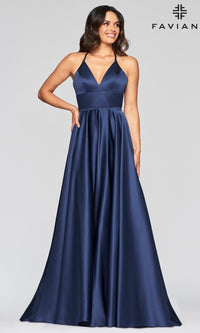 Navy Faviana Long Satin A-Line Prom Dress with Pockets