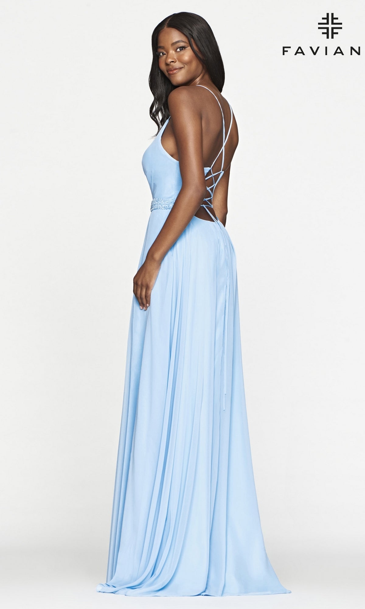  Faviana Long Chiffon Beaded-Waist Prom Dress