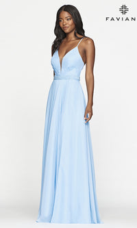Cloud Blue Faviana Long Chiffon Beaded-Waist Prom Dress