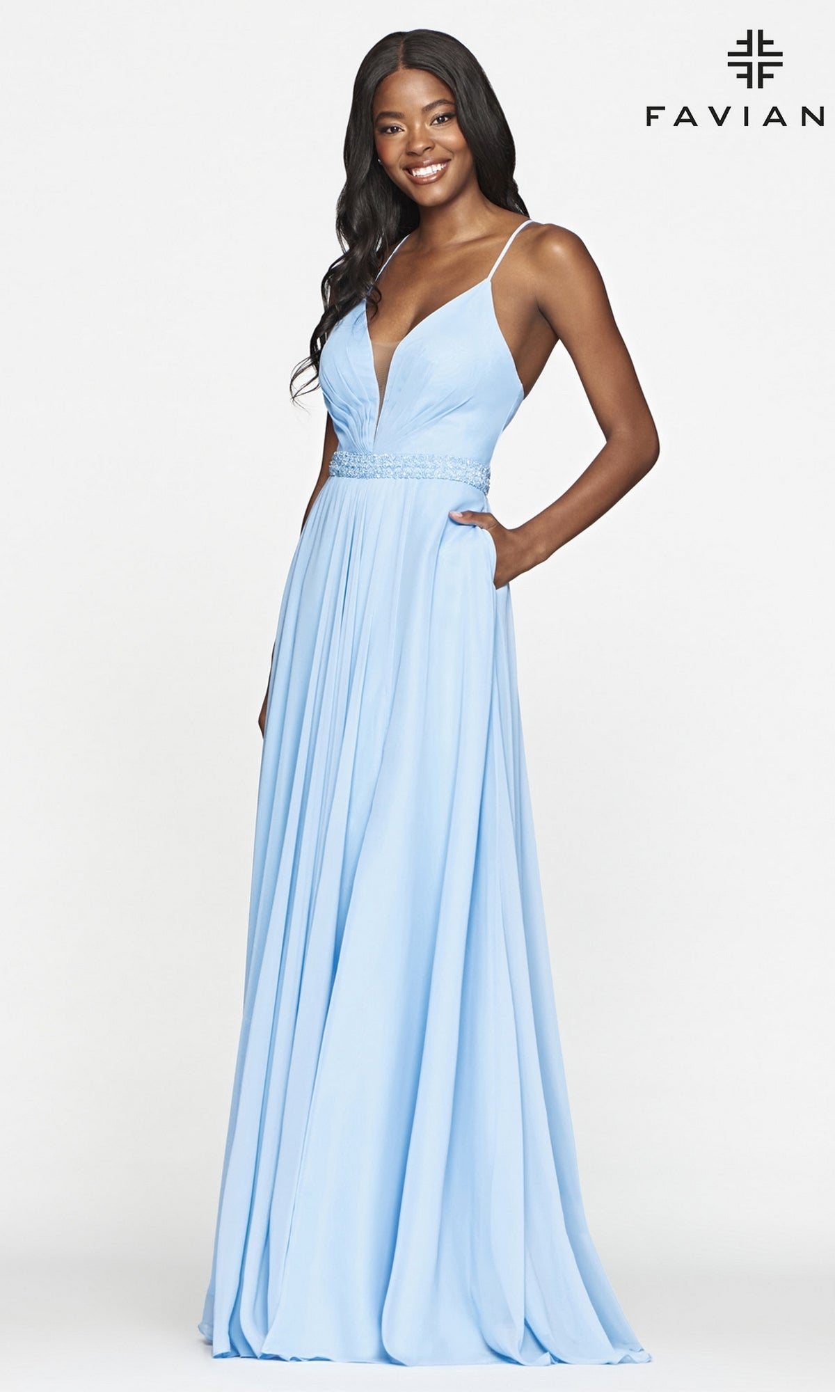  Faviana Long Chiffon Beaded-Waist Prom Dress