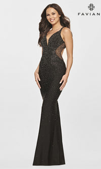 Black Sheer-Sides Long V-Neck Formal Faviana Prom Dress