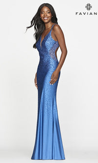 Coastal Blue Sheer-Sides Long V-Neck Formal Faviana Prom Dress
