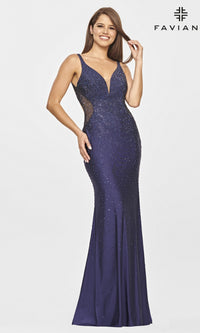 Navy Sheer-Sides Long V-Neck Formal Faviana Prom Dress