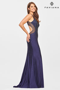  Sheer-Sides Long V-Neck Formal Faviana Prom Dress