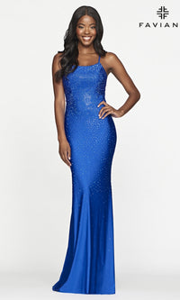  Faviana Long Beaded Prom Dress with Lace-Up Back
