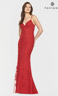 Red Faviana Backless Embroidered-Lace Long Prom Dress