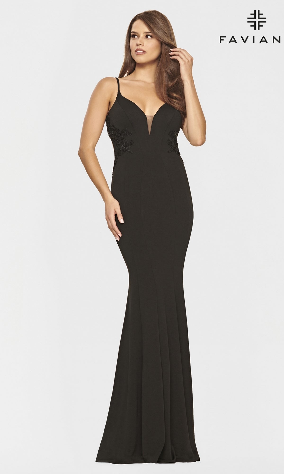 Black/Black Faviana Gold-Beaded Navy Blue Long Prom Dress
