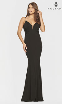Black/Black Faviana Gold-Beaded Navy Blue Long Prom Dress