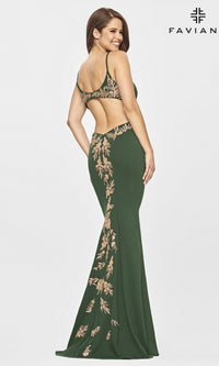 Emerald/Gold Faviana Gold-Beaded Navy Blue Long Prom Dress