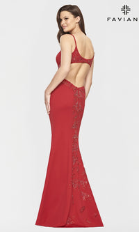  Faviana Gold-Beaded Navy Blue Long Prom Dress