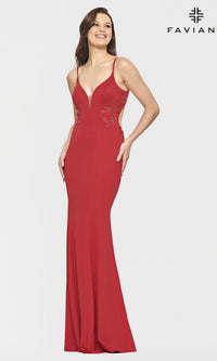 Red/Red Faviana Gold-Beaded Navy Blue Long Prom Dress