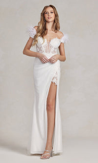  Off-the-Shoulder Long White Feather Formal Dress