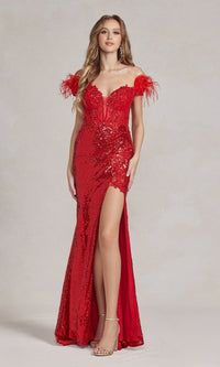 Red Off-the-Shoulder Long Sequin Gown with Feathers