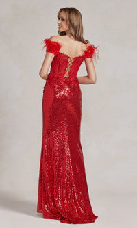  Off-the-Shoulder Long Sequin Gown with Feathers