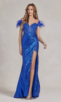 Royal Blue Off-the-Shoulder Long Sequin Gown with Feathers