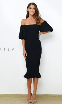 Black Skyla by Velvi Midi Wedding Guest Dress