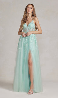 Apple Mint Sheer-Corset Long Embroidered A-Line Prom Dress