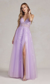 Lilac Sheer-Corset Long Embroidered A-Line Prom Dress