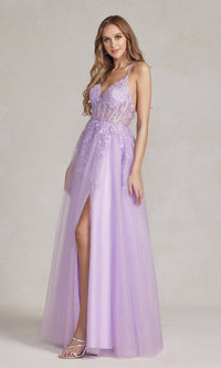  Sheer-Corset Long Embroidered A-Line Prom Dress