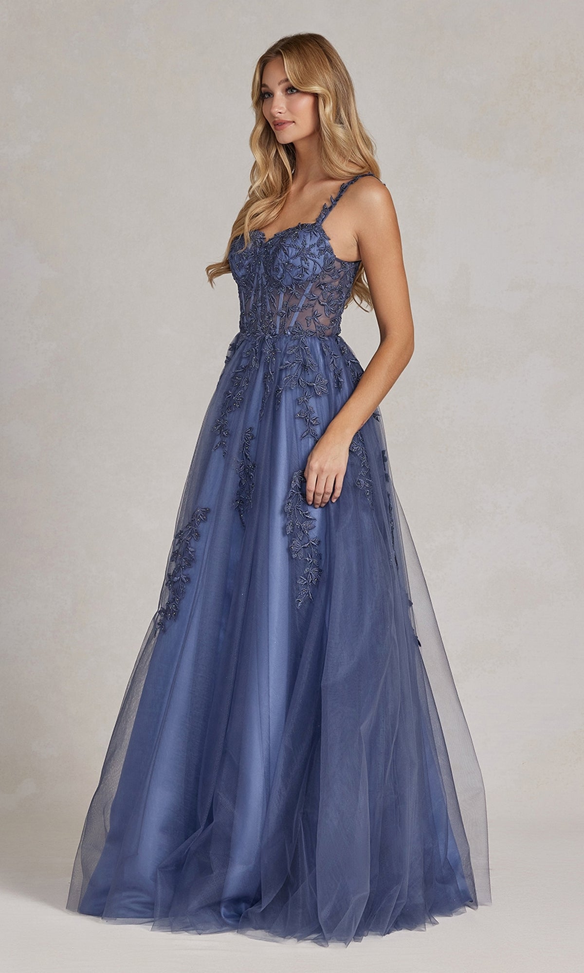 Sheer Corset Long Steel Grey Prom Ball Gown
