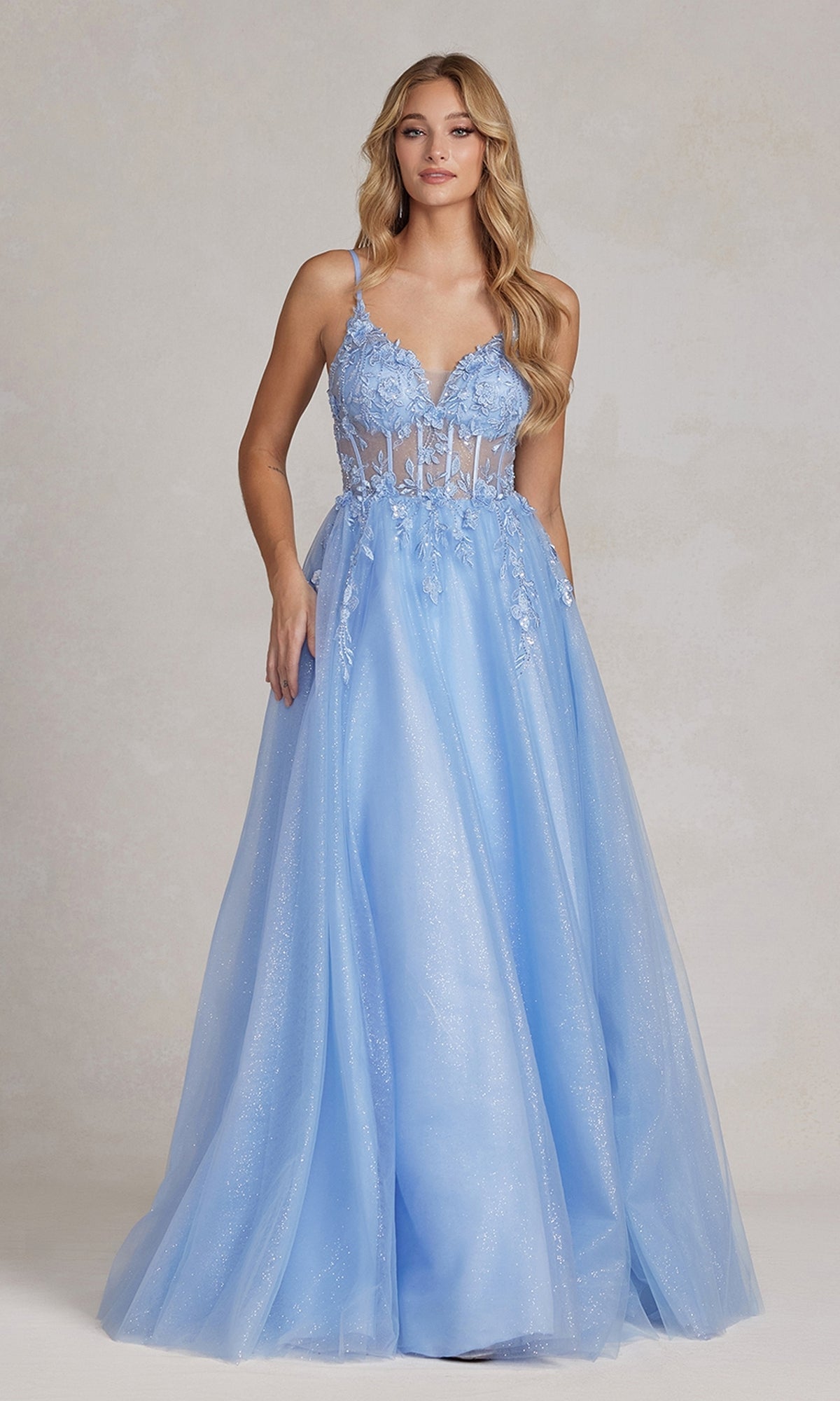 Sheer-Bodice A-Line Light Blue Long Prom Dress