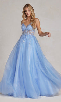 Blue Sheer-Bodice A-Line Light Blue Long Prom Dress