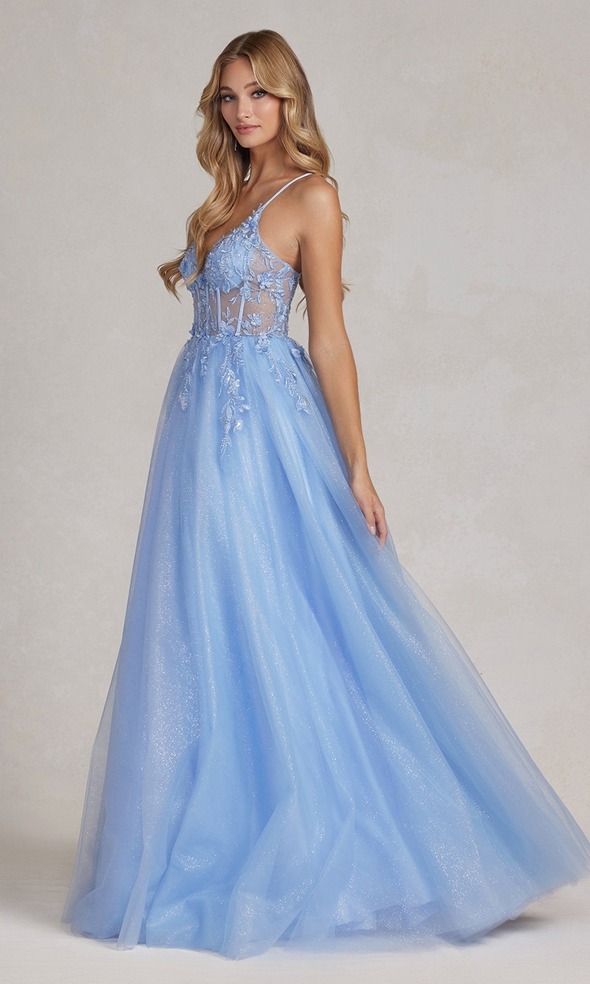  Sheer-Bodice A-Line Light Blue Long Prom Dress