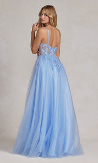  Sheer-Bodice A-Line Light Blue Long Prom Dress