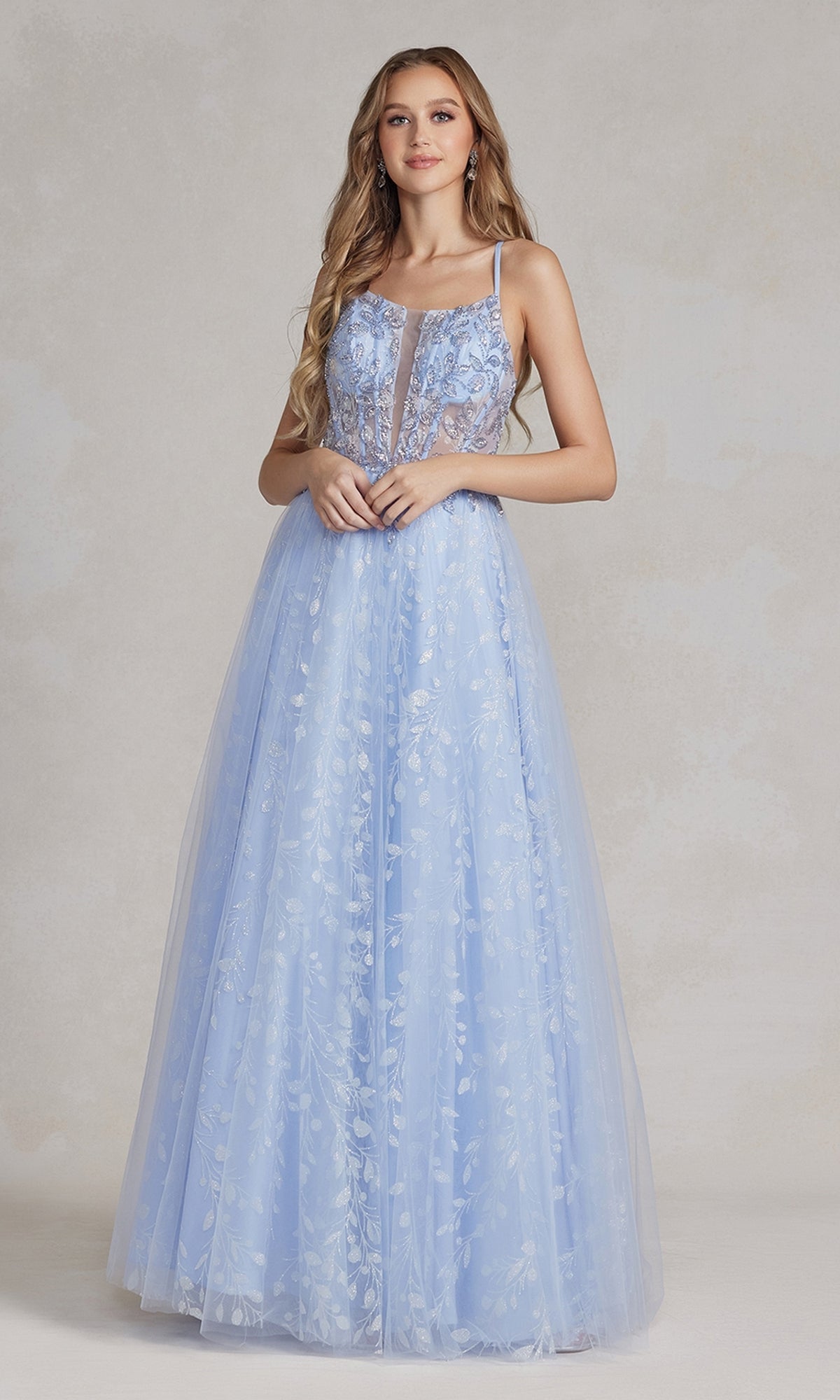 Periwinkle Periwinkle Sheer-Bodice Long A-Line Prom Dress