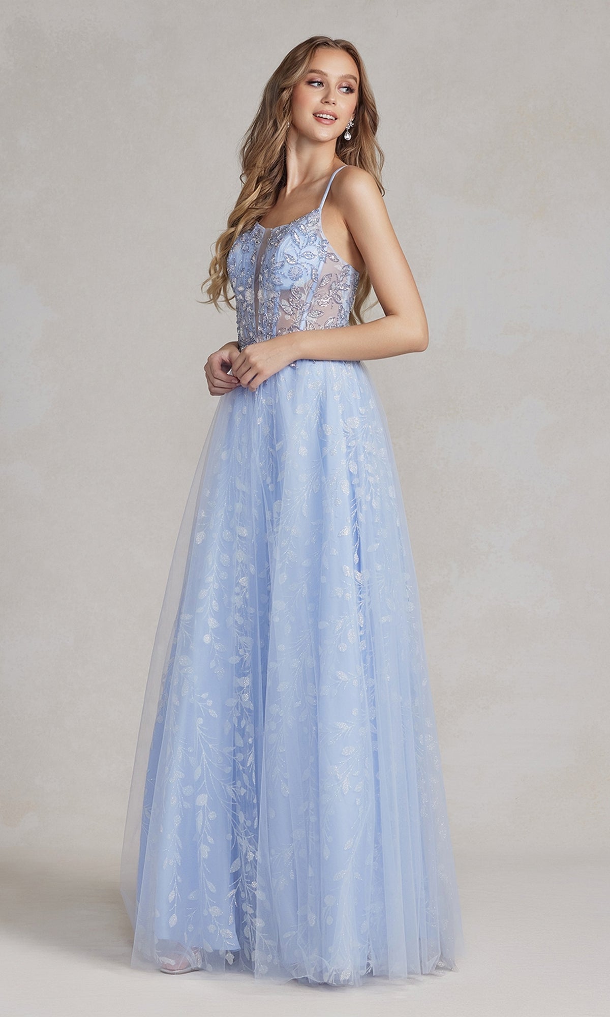  Periwinkle Sheer-Bodice Long A-Line Prom Dress