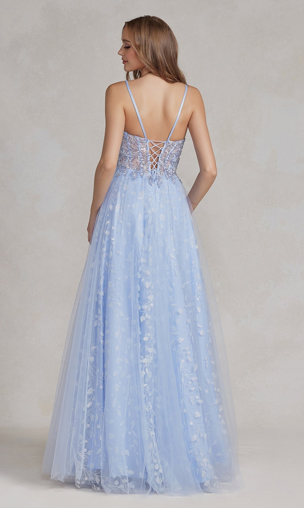  Periwinkle Sheer-Bodice Long A-Line Prom Dress