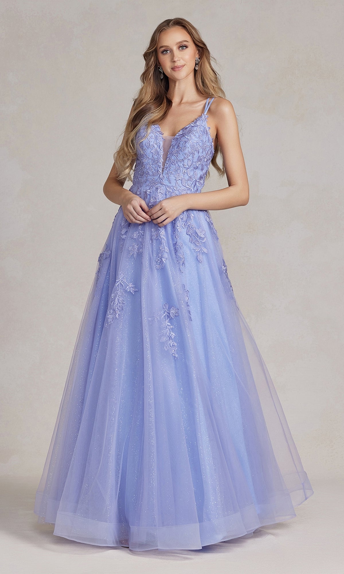 Periwinkle Embroidered-Lace Long Prom Ball Gown with Corset