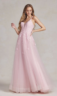Pink Embroidered-Lace Long Prom Ball Gown with Corset